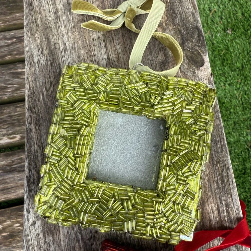2  Lenox Christmas Picture Frame Beaded Tree‎ Ornament  Green Red 3x3”